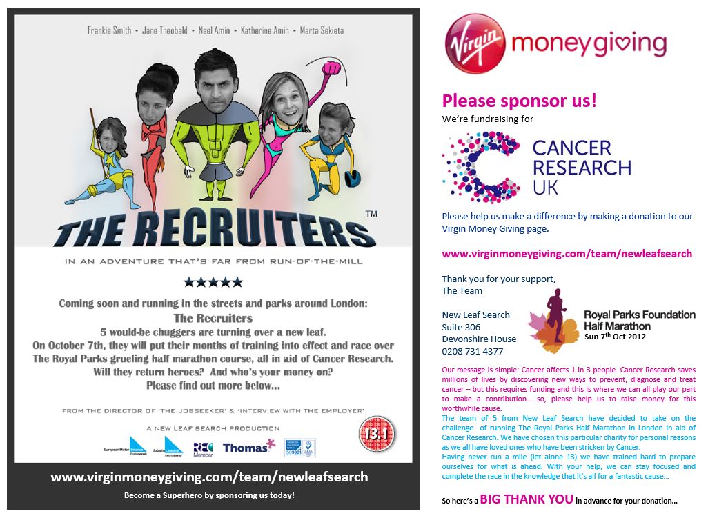 Poster featuring 'The Recruiters' - superhuman heroes raising funds for Cancer Research by running a half marathon